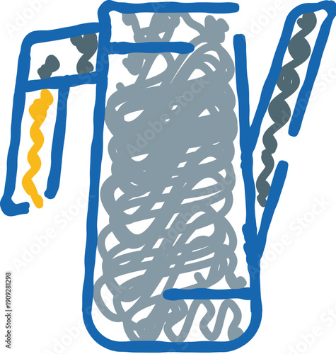 Hand drawn doodle line art illustrating a water filter pitcher, showing the internal purification process of liquid for a cleaner and healthy lifestyle, ensuring equipment treatment