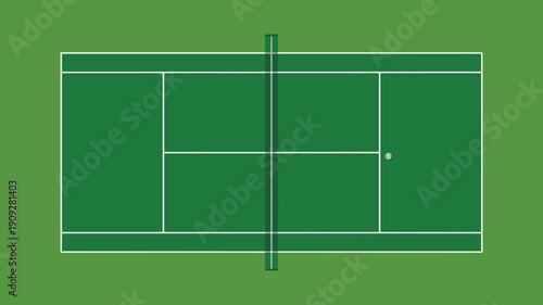 Empty top view of green tennis court with white boundary lines and net, Concept of tennis match, recreation and athletic competition