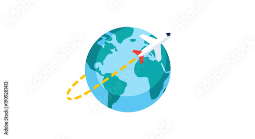 Airplane flying around the world globe illustration.
