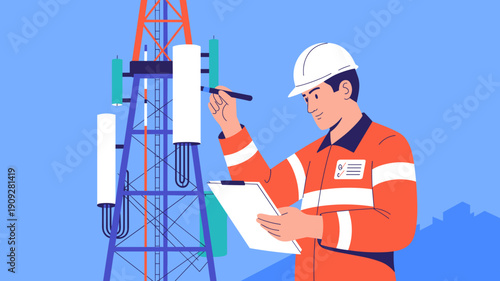 Telecommunications engineer inspecting cellular tower antennas and reviewing checklist, Concept of telecom inspection, quality control and communication engineering