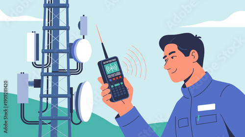 Engineer testing wireless signal near cellular tower using handheld radio device, Concept of telecom maintenance, signal testing and communication infrastructure