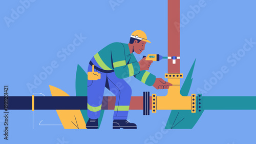 Gas line inspection technician checking industrial pipeline connection with handheld device vector illustration