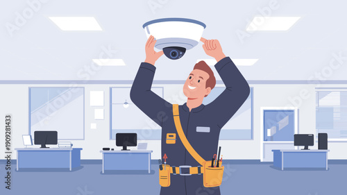 Security technician installing dome surveillance camera on office ceiling indoors, Concept of security installation, surveillance and workplace safety