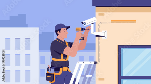 Security technician installing surveillance camera on building exterior using power drill, Concept of security installation, surveillance and safety protection