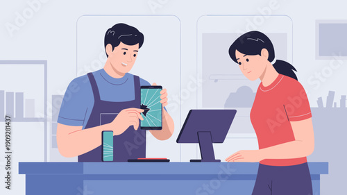 Smartphone repair technician showing cracked screen to customer at service counter, smartphone repair, customer support and technical service