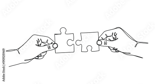 Two hands connecting puzzle pieces, single line art