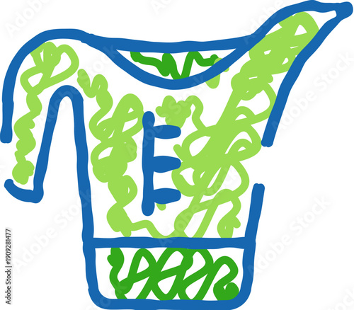 Blue outlined pitcher sketch with loose green scribble fill, playful minimalist kitchenware illustration of a handled beverage container with spout for pouring drinks