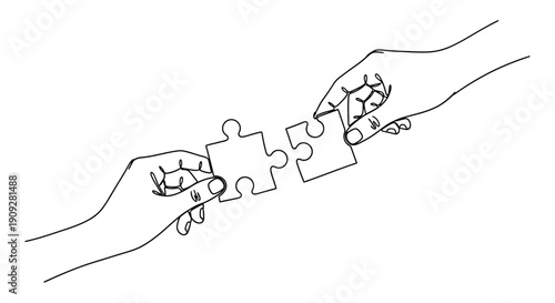 Hands assembling puzzle pieces, single line drawing