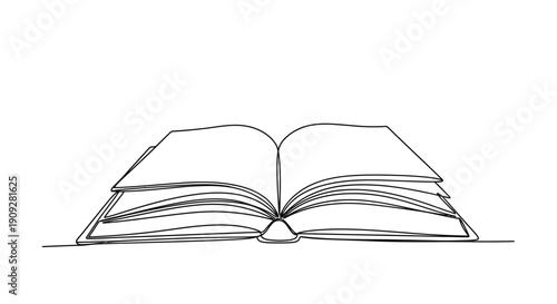 Open book with turning pages, continuous line drawing
