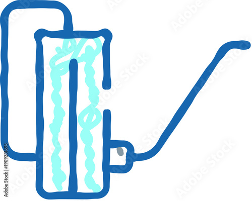 Manual water pump illustration featuring a simple blue line drawing style, depicting equipment used for transferring liquid or creating flow in a garden or domestic setting