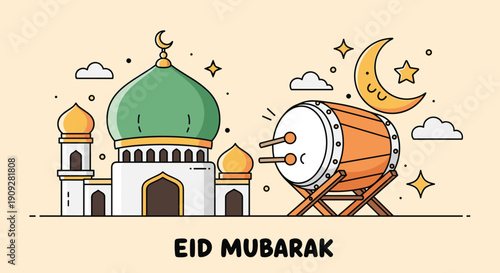 Happy Eid Mubarak Greetings, Muslim people greet each other and shake hands. Celebrate Eid al-Fitr concept illustration