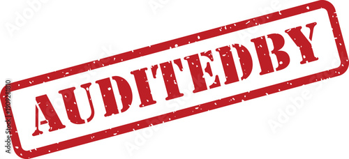 A bold red rubber stamp showing the text AUDITEDBY with a textured appearance on a bright white backdrop
