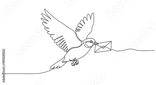 Bird Delivering Mail Line Art - Communication and Message