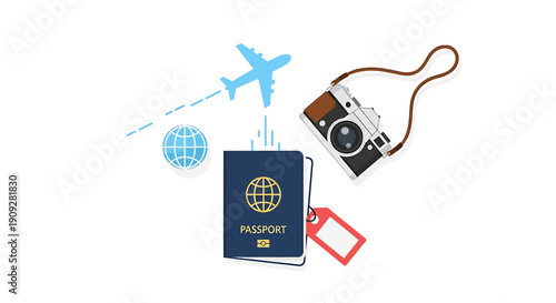 Passport, airplane, camera, and globe representing travel and adventure.