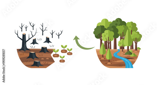 Forest restoration and reforestation concept vector, from deforestation to lush green forest.
