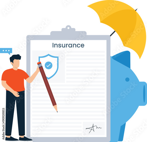 Insurance policy signing document financial security protection coverage savings plan piggy bank umbrella shield flat design modern concept business agreement