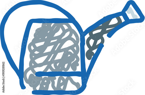 Blue outline doodle of a watering can pouring water, hand drawn gardening icon symbolizing plant care, growth, nurturing nature, fresh starts and eco friendly cultivation