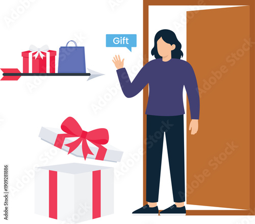 Person receiving gifts delivery service concept flat design. Open door welcome happy customer reward program special offer loyalty scheme.
