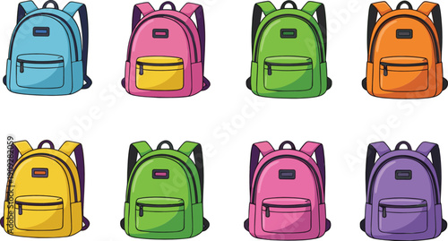 Colorful school backpacks collection vector illustration education accessory bag design set