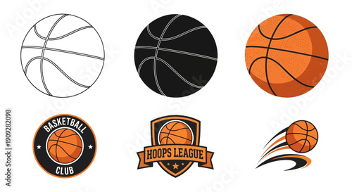 Basketball Icons Set: Outline, Silhouette, Realistic Ball, Emblem, and Motion Graphics