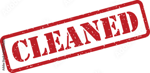 A clear red rubber stamp with the word CLEANED displayed prominently, featuring a classic grunge style
