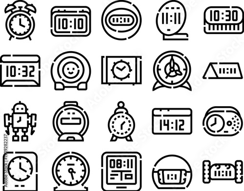 Various outline icons representing alarm clocks, digital time displays, and different timekeeping devices for scheduling, wake up calls, and daily routine management