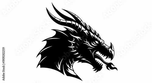 Black Dragon Head Silhouette Fierce Mythical Creature Fantasy Art