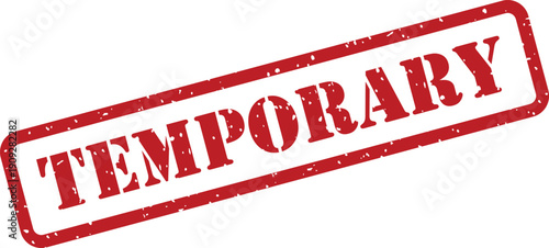 A distinct red rectangular rubber stamp with a vintage distressed effect showing the word TEMPORARY on white