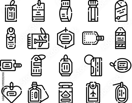 Assorted collection of outline icons representing various luggage tags, baggage labels, and identification cards crucial for travel and passenger identification