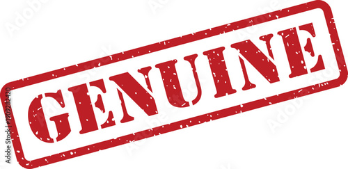 A distressed red rectangular rubber stamp displays the bold capital word GENUINE on a bright white background