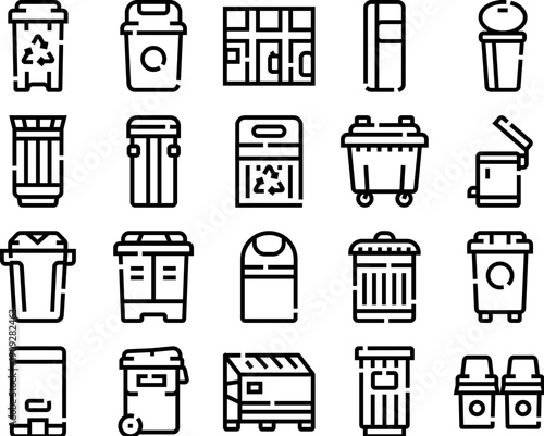 Collection of outline icons displaying various waste disposal bins and trash containers, illustrating concepts of recycling, ecology, refuse, and garbage management