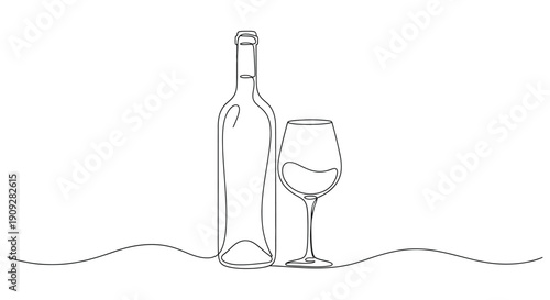 Wine Bottle and Glass - Continuous Line Drawing