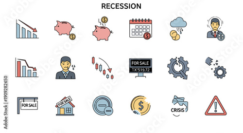 Set of economic recession and financial crisis icons. Symbols of market crash, falling stock prices, unemployment, bankrupcy, and inflation. Flat vector illustration on white background.