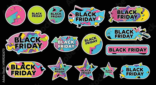 Black Friday Sale Stickers Set: Colorful Abstract Shapes, Modern Design, Shopping Promotion