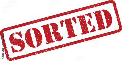 A distressed red rubber stamp impression with the word SORTED displayed on a plain white background