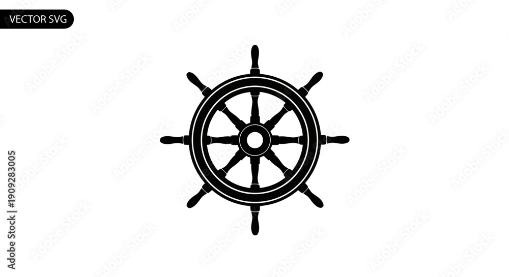 Fototapeta premium Black Silhouette of a Ship's Steering Wheel on White Background
