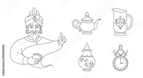 Genie with Magic Lamp and Arabian Objects - Line Art Illustration