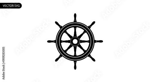 Black Silhouette of a Ship's Steering Wheel on White Background