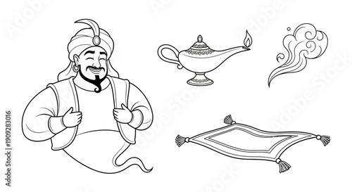 Genie, Magic Lamp, Flying Carpet, Smoke Cloud - Fantasy Illustration