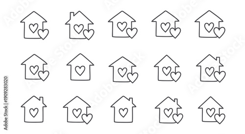 Hand Drawn House Icons with Hearts - Love Home, Family, Real Estate, Charity