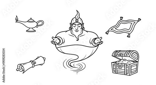 Genie, Magic Lamp, Flying Carpet, Treasure Chest, Scroll - Fantasy Icons