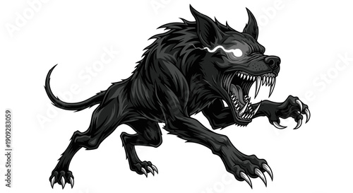 Fierce Black Dog Monster with Glowing Eyes, Aggressive Pose, Horror Illustration
