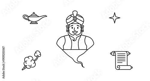 Genie, Magic Lamp, Scroll, Star, Smoke Icons: Arabian Nights Fantasy