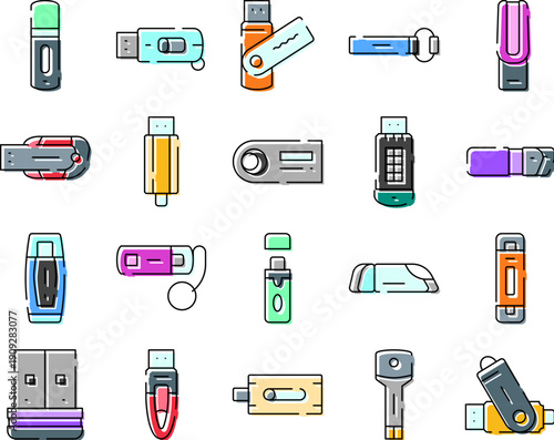 Collection of numerous modern usb flash drives creating a pattern, representing various forms of portable digital storage, data transfer, and technology devices