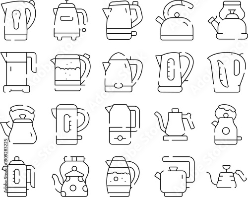 Kettles and tea kettles in assorted styles forming a clean icon set for kitchen appliances and beverage preparation, minimalist line and flat designs on white background