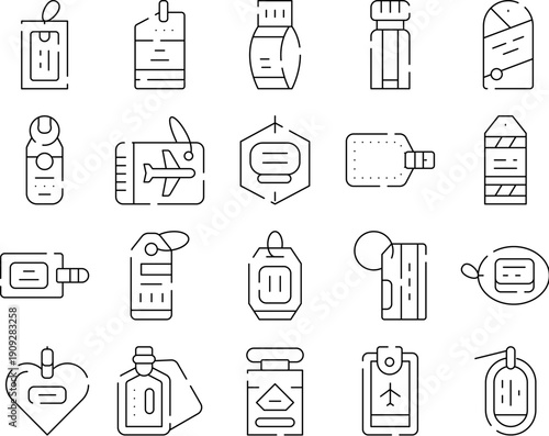 Assortment of line icons illustrating different luggage tags, travel accessories, and boarding passes, representing concepts of personal identity, journey, and transportation