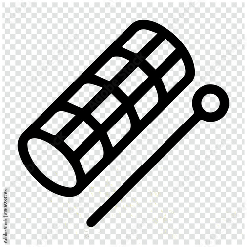 A stylized depiction of a cylindrical object with a grid pattern and a small looped handle.