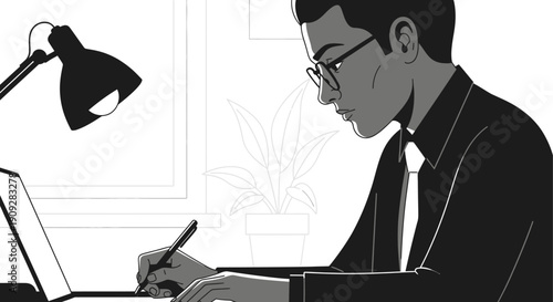 Flat vector illustration of a professional man in glasses working at his desk with a laptop and lamp