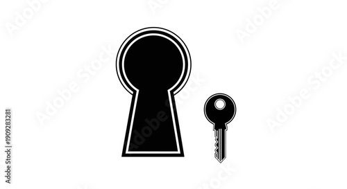 Black Keyhole and Key Icon on White Background, Security and Access Concept