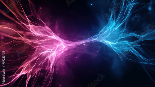 Electromagnetic field visualization, neon colors  flowing current lines. Chaotic lightning grid pattern, bright electric energy dark tech grid. Energy wave color gradient, abstract electric particles